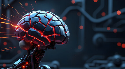 Close up of a futuristic robotic brain with glowing red circuits and sparks flying off in a dark high tech environment