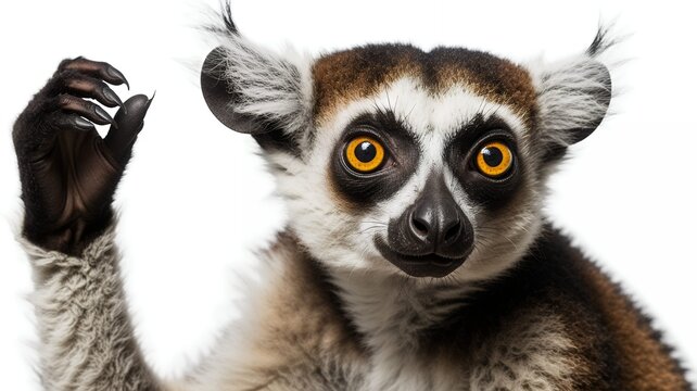 Ring tailed lemur portrait on a stark white background