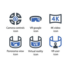 Camera controls, VR google, 4K video, Panorama view, Virtual reality, VR user, icon