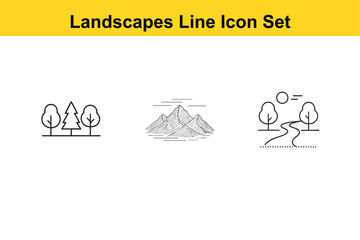 Landscapes Line Icon Set Featuring Trees Mountains and a Winding River with the Sun set