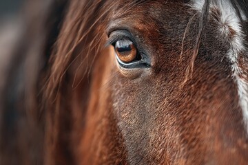 Close-up of the intense amber eye of a magnificent brown horse reveals the beauty and detail of its face