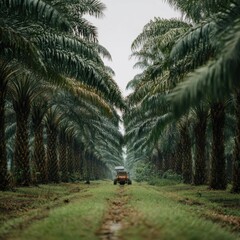 Tranquil Pathway Through Lush Palm Tree Plantation in Rainy Weather