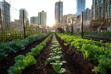 Urban Garden with Fresh Vegetables and City Skyline at Sunset