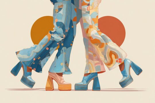 People wearing colorful vintage platform boots and pants stride forward on pink backdrop creating a fashion forward statement