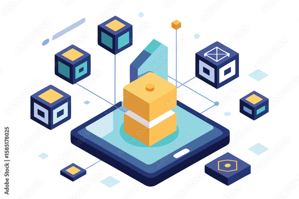 Poster abstract 3d illustration featuring data representation and cloud computing elements on a tablet