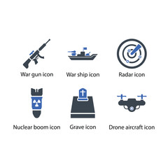 War gun, War ship, Radar, Nuclear boom, Grave, Drone aircraft, icon
