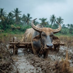 Water Buffalo Pulling Plow in Rice Field with Tropical Landscape