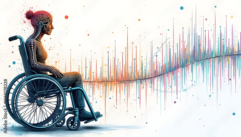 Fototapete Human figure in a wheelchair exploring sound waves in a colorful digital landscape with abstract elements and modern technology Generative AI