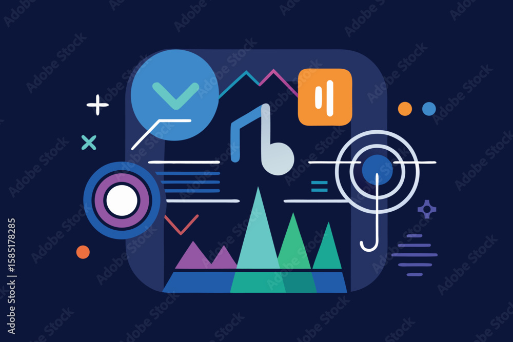 Poster abstract composition of geometric shapes featuring music notes graphs and various graphic elements o