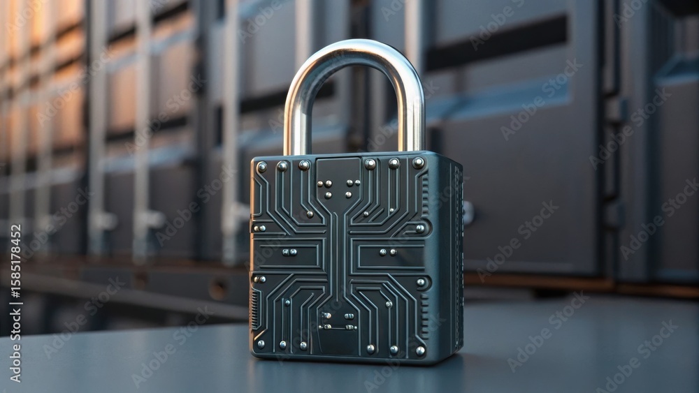 Poster a metallic padlock with a circuit pattern stands prominently against a blurred background of lockers