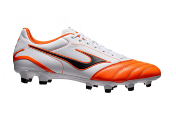 A white and orange soccer cleat with black accents is shown from the side isolated on transparent background