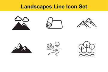 Landscapes Line Icon Set Featuring Mountains Yoga Mat Trees Sun and Water Elements in Black and White
