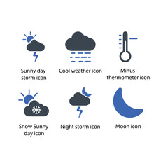 Sunny day storm, Cool weather, Minus thermometer, Sunny day snow, Night storm, Moon, icon