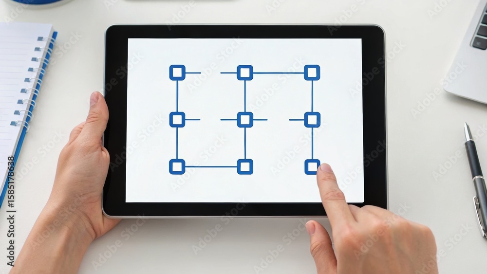 Poster a person interacts with a tablet displaying a network diagram, illustrating connections and nodes fo