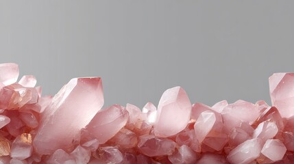 Pink Quartz Crystal Cluster Display on Smooth Grey Background for Natural Beauty and Mineral Healing Concepts