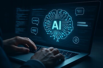 Hands type on a laptop displaying an ai brain interface with chat icons