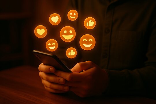 A person interacts with social media emojis on a smartphone, conveying digital communication - Powered by Adobe