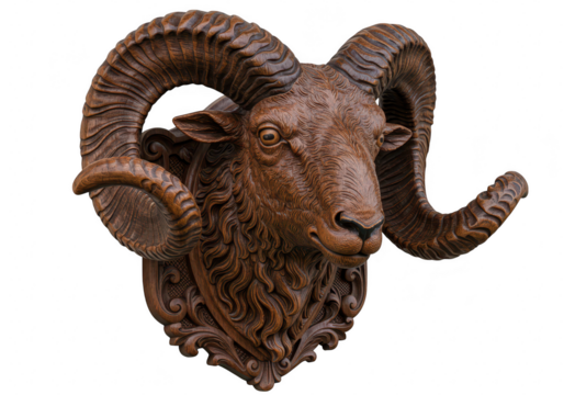 A carved wooden rams head with large, curled horns and an ornate base isolated on transparent background