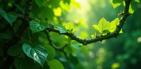Intricate vine network, sunlight piercing leaves, lianas, texture, wild