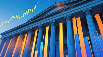 Obraz premium Facade of Columned Building with Overlaid Declining Graph — Architecture and Economics in a Single Frame