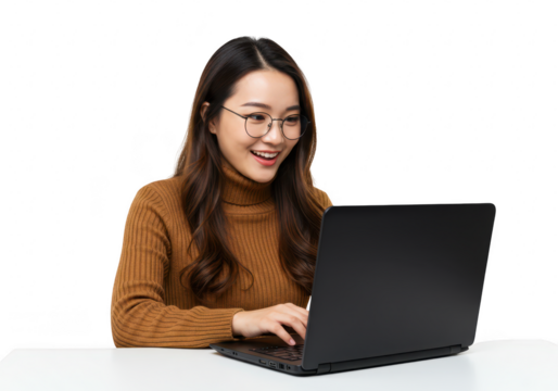 A happy asian woman wearing glasses, smiling and typing on a laptop at a desk, isolated on a transparent background