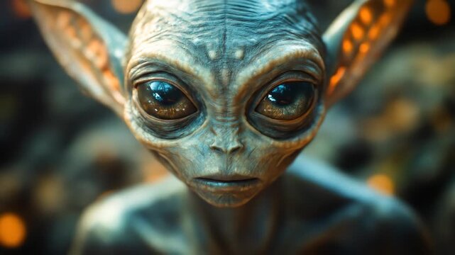 Detailed close up of an alien creature with large eyes. Concept of science fiction, extraterrestrial life, and future encounters footage.