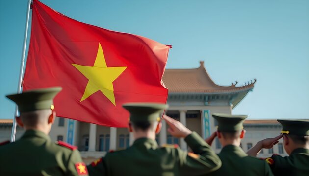 Vietnamese soldiers salute while the national flag waves in front of a historic building during a ceremonial event in the capital city Generative AI