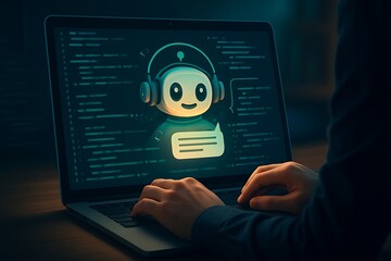 A person is using a laptop with an ai chatbot displayed on the screen with code