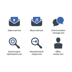 Video mail, Music mail, Communication message, Seo, Keyword search engine, Office worker, icon