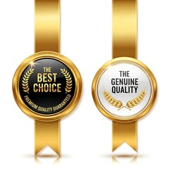 Gleaming golden seals emblems of Best Choice Genuine Quality drape in rich gold ribbons against pristine white a beacon