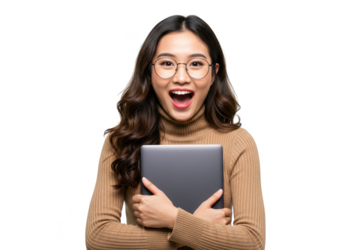 An overjoyed asian woman with glasses clutches her laptop with a wide smile, isolated on a transparent background