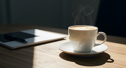Steaming Coffee Cup on Wooden Table in Modern Workspace with Natural Light and Shadows