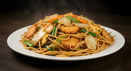 Delicious Steaming Hot Chicken Lo Mein Noodles Stir Fry with Vegetables