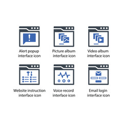 Alert popup, Picture album, Video album, Website instruction, Voice record, Email login, icon