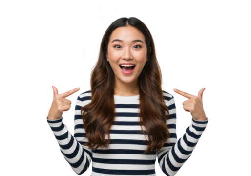 A young asian woman with long brown hair smiles excitedly, pointing at herself with both hands, isolated on a transparent background - Powered by Adobe