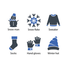 Snow man, Snow flake, Sweater, Socks, Hand gloves, Winter hat, icon