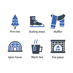 Pine tree, Skating shoes, Muffler, Igloo house, Warm tea, Fire place, icon