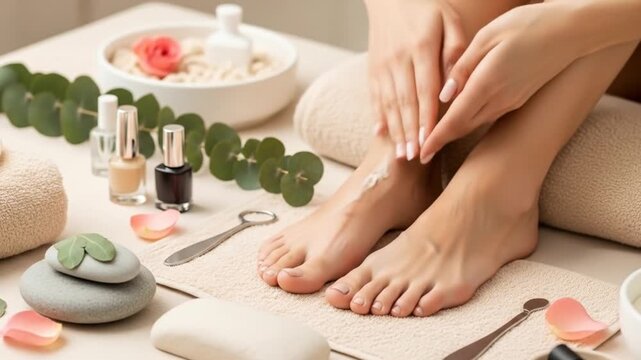 Woman treats her feet with cream during a relaxing pedicure session