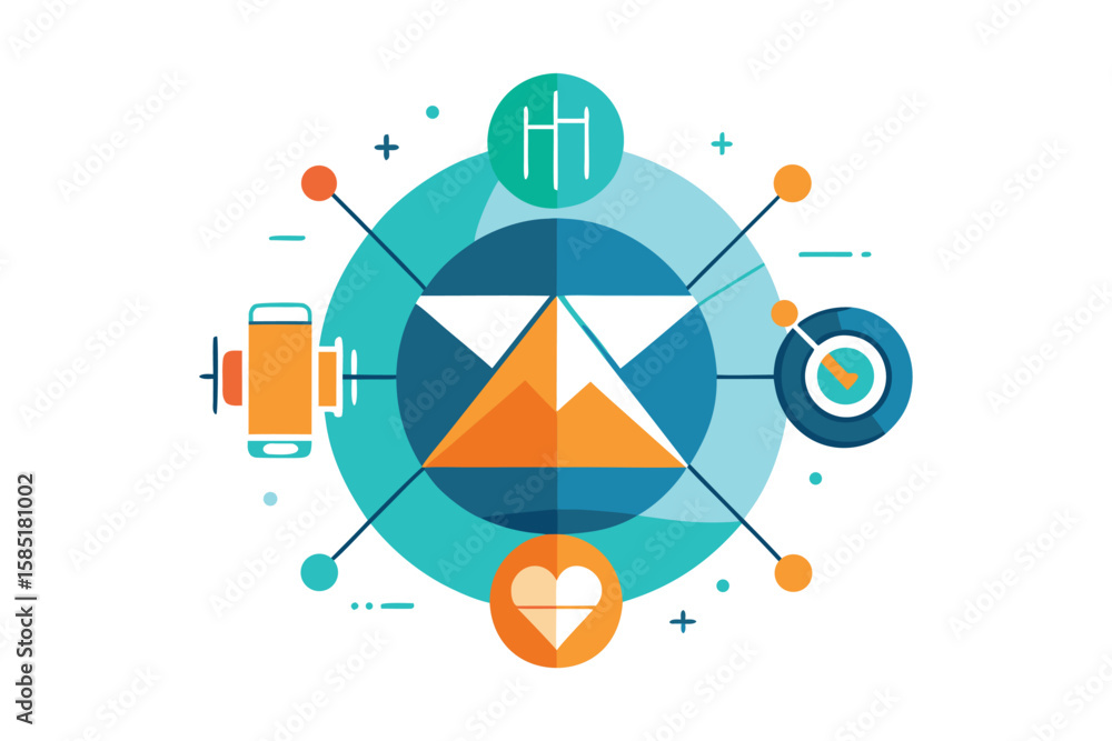 Poster abstract illustration of communication and information flow with geometric icons and symbolic elemen
