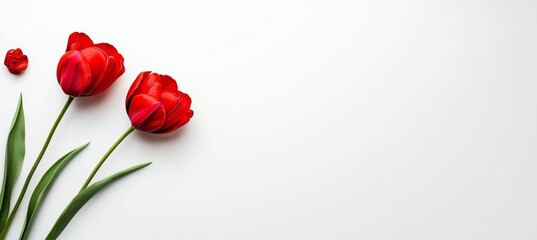 Obraz premium Stunning Red Tulips in a Minimalist White Background, Perfect for Elegant Designs and Titles