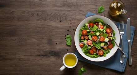 Fresh Seasonal Salad with Cherry Tomatoes and Spinach Served in a White Bowl on a Rustic Wooden Table