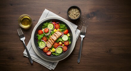 Colorful Fresh Salad with Grilled Salmon on a Wooden Table Surrounded by Olive Oil and Spices