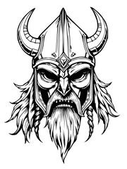Minimilist illustration of a viking warrior with horned helmet and braided beard in black and white style vector