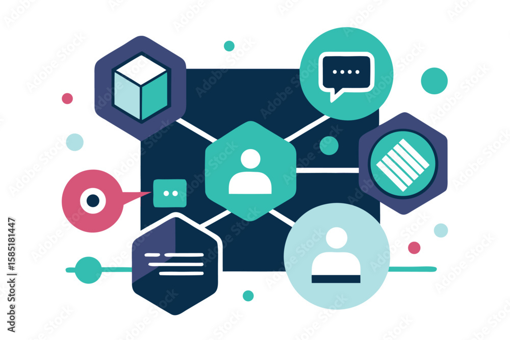 Poster abstract illustration visualizing a network of interconnected concepts and ideas showcasing a modern