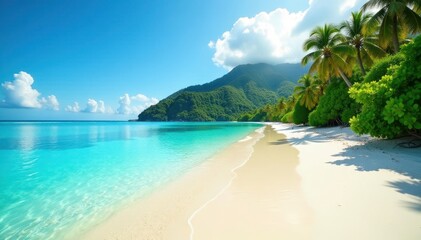 Fototapeta premium Sun-drenched beach, crystal clear water Lush vegetation borders pristine sands , tropical beach, ocean, idyllic