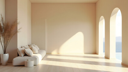 Fototapeta premium Sunlit Minimalist Interior with Arched Windows, Beige Walls, Floor Cushions, and Books – Calm Neutral Design Concept