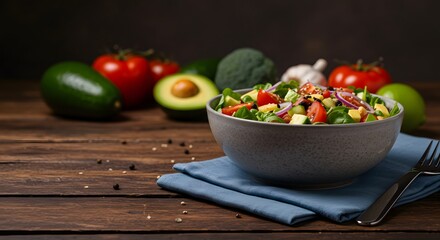 Fresh Colorful Salad Bowl with Avocado Tomatoes and Cucumbers Surrounded by Fresh Vegetables on Wooden Table