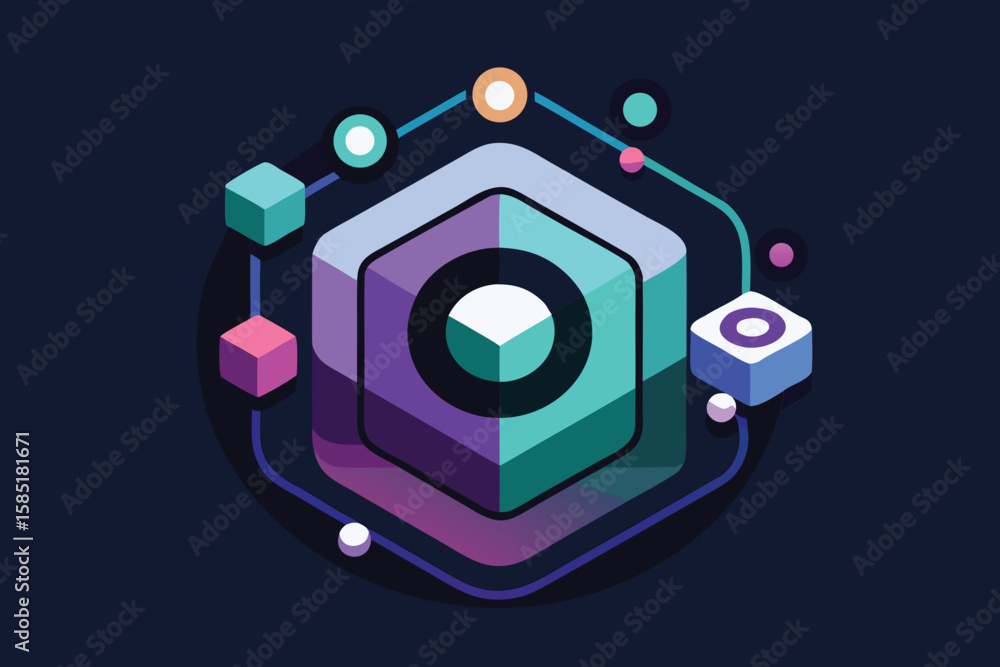 Poster abstract isometric illustration with gradient colors showcasing data flow and connections on a dark 