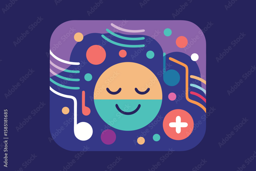 Poster abstract modern design featuring a smiling face with musical notes and colorful geometric elements o