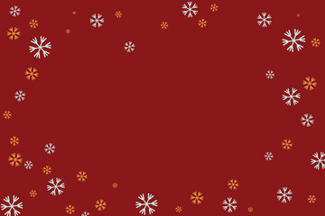 Greeting card template with a vibrant red background and elegant blue and golden snowflakes forming a delicate border around the edges, perfect for winter holidays, Christmas, or New Year designs.